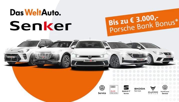 Jetzt Top-Angebote für Jung- und Gebrauchtwagen sichern! - Am Bild: Modellübersicht mit Service-Logos und Porsche Bank Bonus